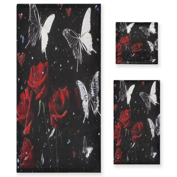 BZSMCE 3piece Bath Towel Sets Hand Bath Towels Fashion Butterfly Kisses & Roses Printed Towel Sets