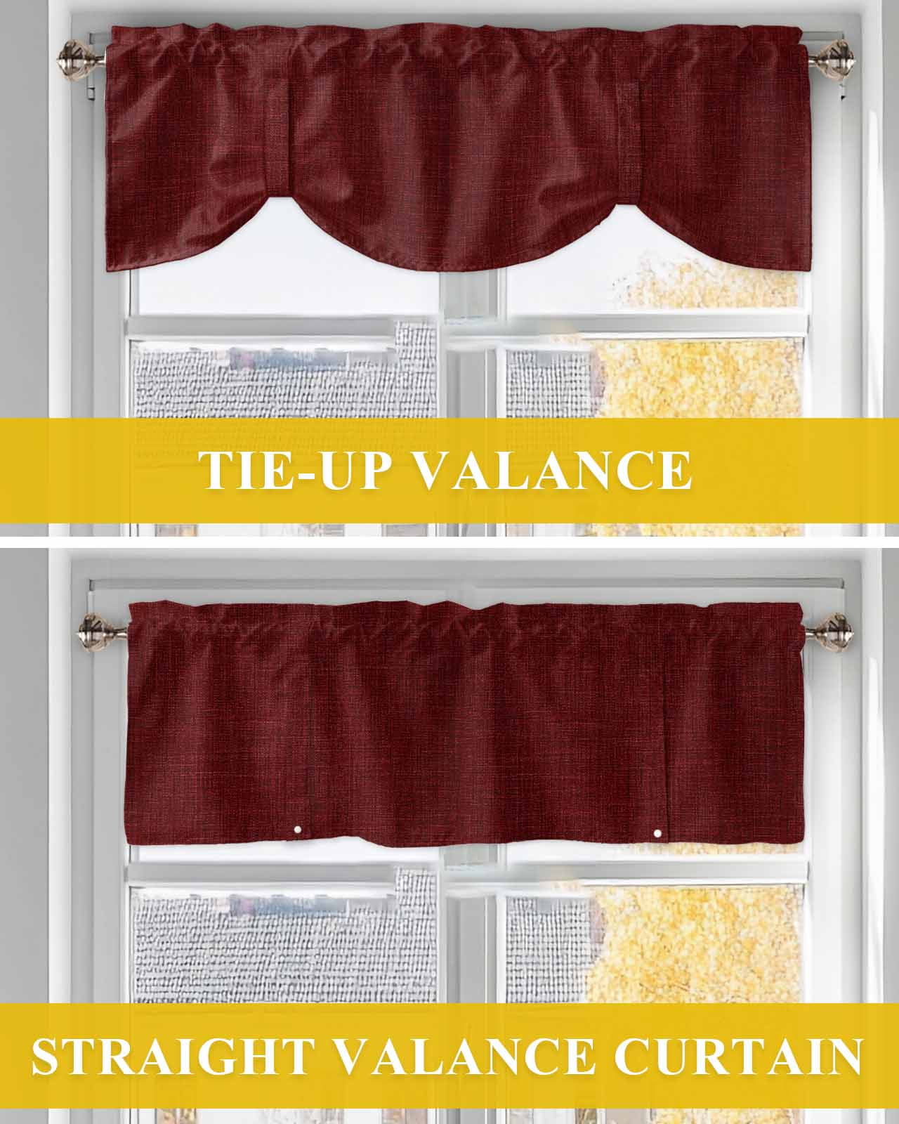Wine Red Linen Tie Up Valances Curtain, Adjustable Kitchen Farmhouse Pure Color Country Farm Valances for Windows Decor, Rod Pocket Short Curtains Set for Bedroom/Bathroom, 54"x18"