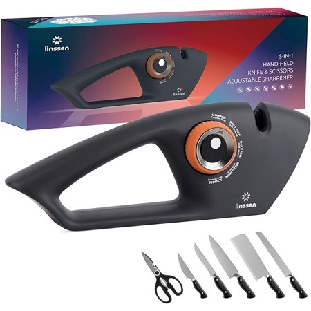 LINSSEN Knife Sharpener with Adjustable Knob, 5-Stage Handheld Premium Kitchen Knife Sharpener Tool, Diamond/Ceramic/Steel Sharpening Stone for Pocket Knives, Chefs & Serrated Knives, Scissors, Black