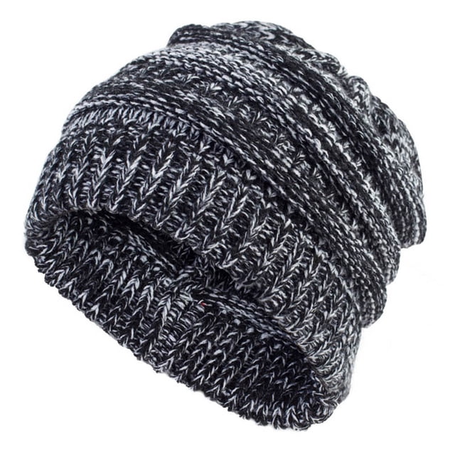 Gorro de lana tejido con cola de caballo para mujer, gorro de cola de caballo, gorro de punto elástico de invierno para exteriores (color dual blanco y negro)