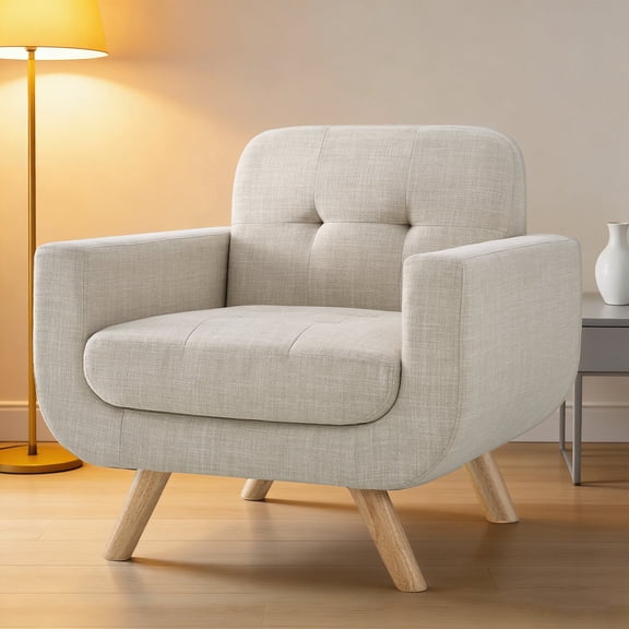 Shengchao Trade Accent Chair, Comfy Upholstered Armchair with Solid Wood Legs, Linen Fabric Modern High Back Chair for Living Room Chairs, Accent Reading Chairs Single Sofa Chairs, Beige
