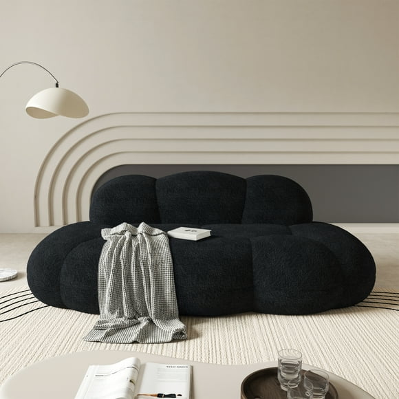 The Magic Home 90" 3-Seater Cloud Curved Boucle Loveseat Sofa, Black