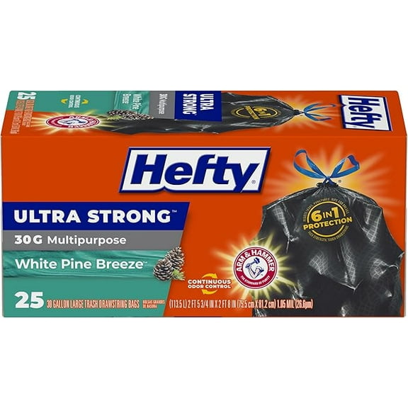 Hefty Ultra Strong Trash Bags, 30 Gallon, Black, White Pine Breeze Scent, 25 Count