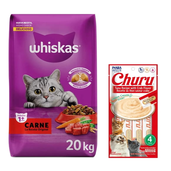 Whiskas Original Carne 20 kg + Churu Atún con Cangrejo Sobre con 4 Tubos de 14 g
