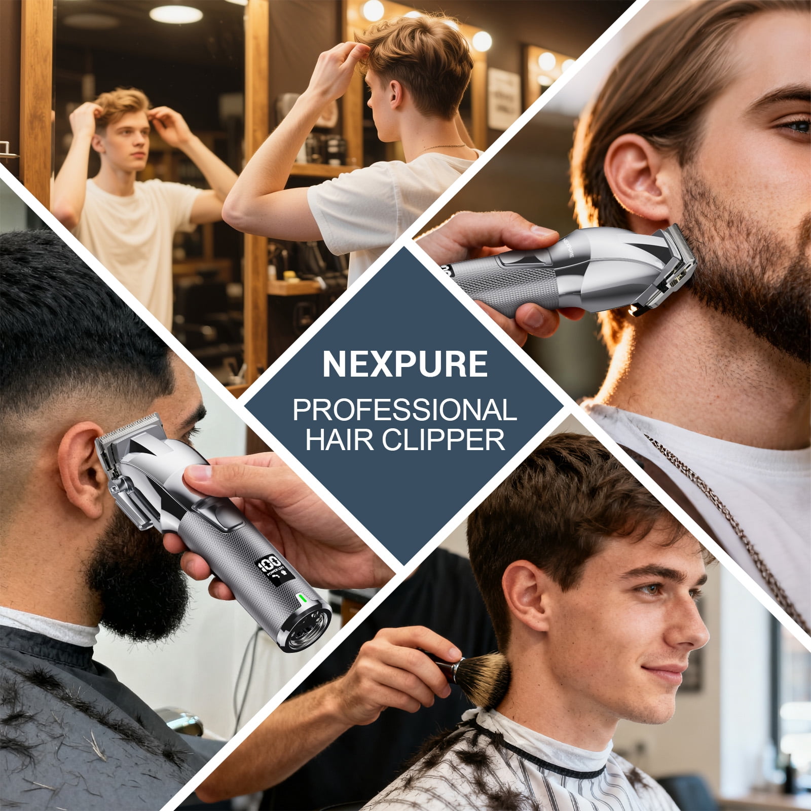 NEXPURE Cordless Hair Clippers for Men, 6800RPM Hair Cutting Kit Quiet High-Torque, 6 Guide Combs, All-in-One Clippers for Hair Cutting, Silver