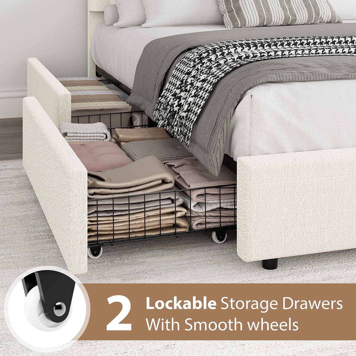 Danolapsi Queen Size Bed Frame with Storage Drawers, Upholstered Boucle Platform Bed with Round Headboard, Heavy Duty & Noise Free, No Box Spring Needed
