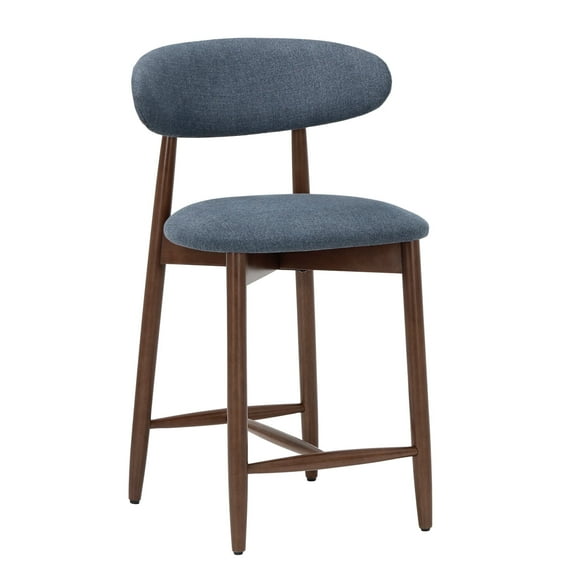 Mid Century Modern Kitchen Bar Stools Set of 1, Counter Height Stools with Curved Back and Wooden Frame,Upholstered Seat Blue