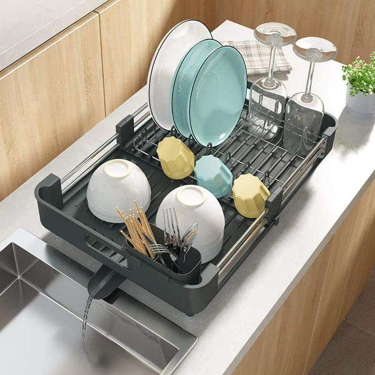 Dish Drying Rack, Stainless Steel Dish Rack and Drainaboard Set,  Expandable(11.5-19.3) Sink Dish Drainer with Cup Holder Utensil Holder  for Kitchen Counter 