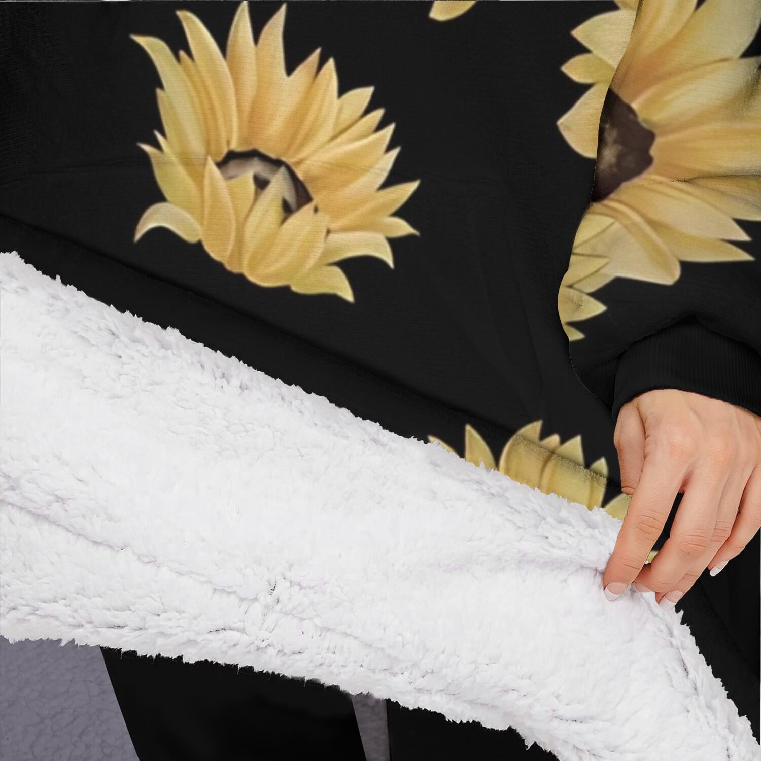 Oversized Wearable Blanket Hoodie,Black Yellow Sunflower Pattern Sherpa Blanket Hoodie with Super Pockets,Super Warm Fuzzy Pullover for Women & Men