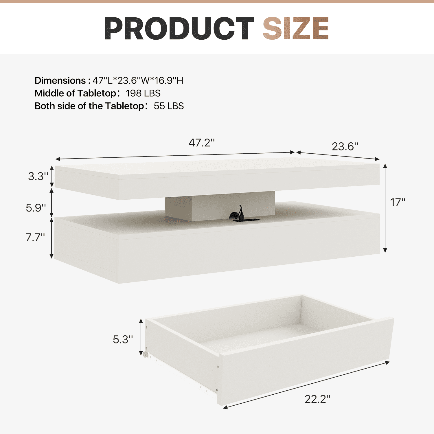 Sonegra 47" High-Glossy LED Coffee Table, Storage Coffee Table with 2 Sliding Drawers for Living Room, Modern Stylish Double-Layer Center Tables with LED Lights, White