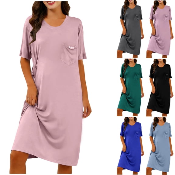 Bovxnpu Nightgowns for Women Short Sleeve Sleepshirt Loungewear Cotton Crew Neck with Pockets Tied Waist Nightgown Sleepwear