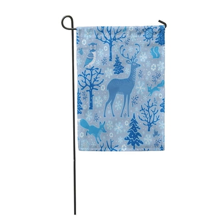 LADDKE Winter Forest in Blue Shades Owl Deer Fox Squirrels Birds Trees and Snowflakes Garden Flag Decorative Flag House Banner 28x40 inch