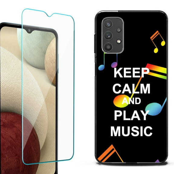 Slim-Fit Flexible TPU Gel Phone Case (black) for Samsung Galaxy A32 5G, with Tempered Glass Screen Protector, by OneToughShield ® - Keep Calm Music