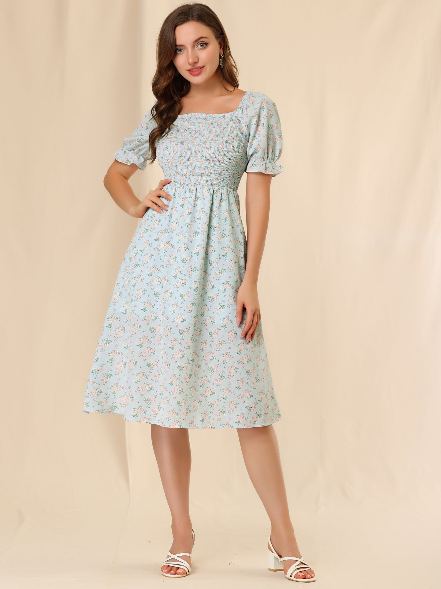 DARING DIVA Square Neck Puff Sleeves Smocked Waist Midi Floral Dres 2XL Blue