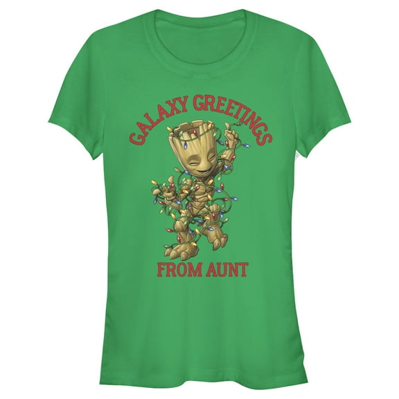 Junior's Marvel Christmas Groot Galaxy Greetings Aunt Graphic Tee Kelly Green Medium