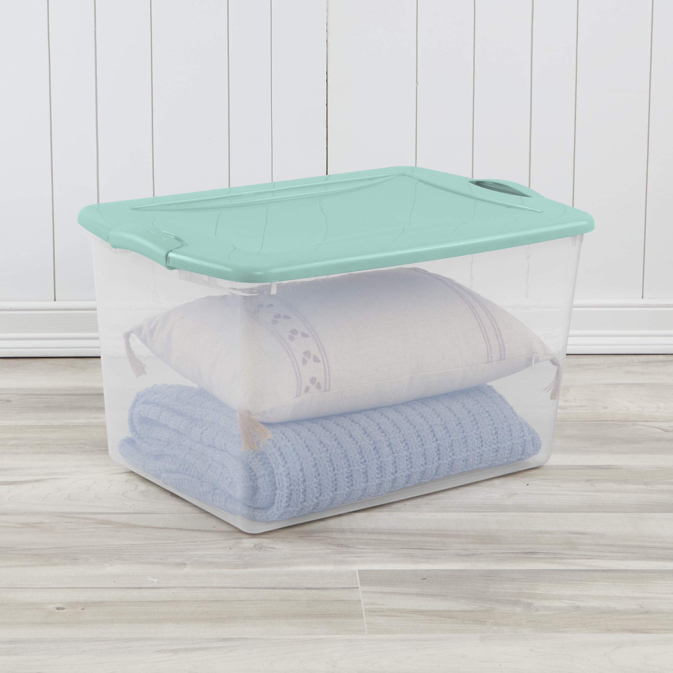 (2 pack) Sterilite Large Latching Storage Bin, 66 Quart Clear Plastic Storage Container with Latch Lid, Mint, 6 Pack