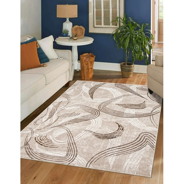 ECARPET Wisp contemporary area rug featuring abstract curved lines in beige and brown, placed on hardwood flooring between sofas with blue accent wall and decorative elements.
