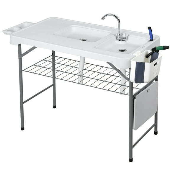 Folding Fish Cleaning Table with 2 Sink, Grid Rack for Camping Picnic Outdoor
