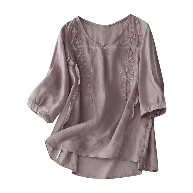 Penkiiy Chemises en Coton et Lin à Manches Courtes pour Femmes Été Col Rond Ample Décontracté Boho Vintage Blouse Brodée m Violet