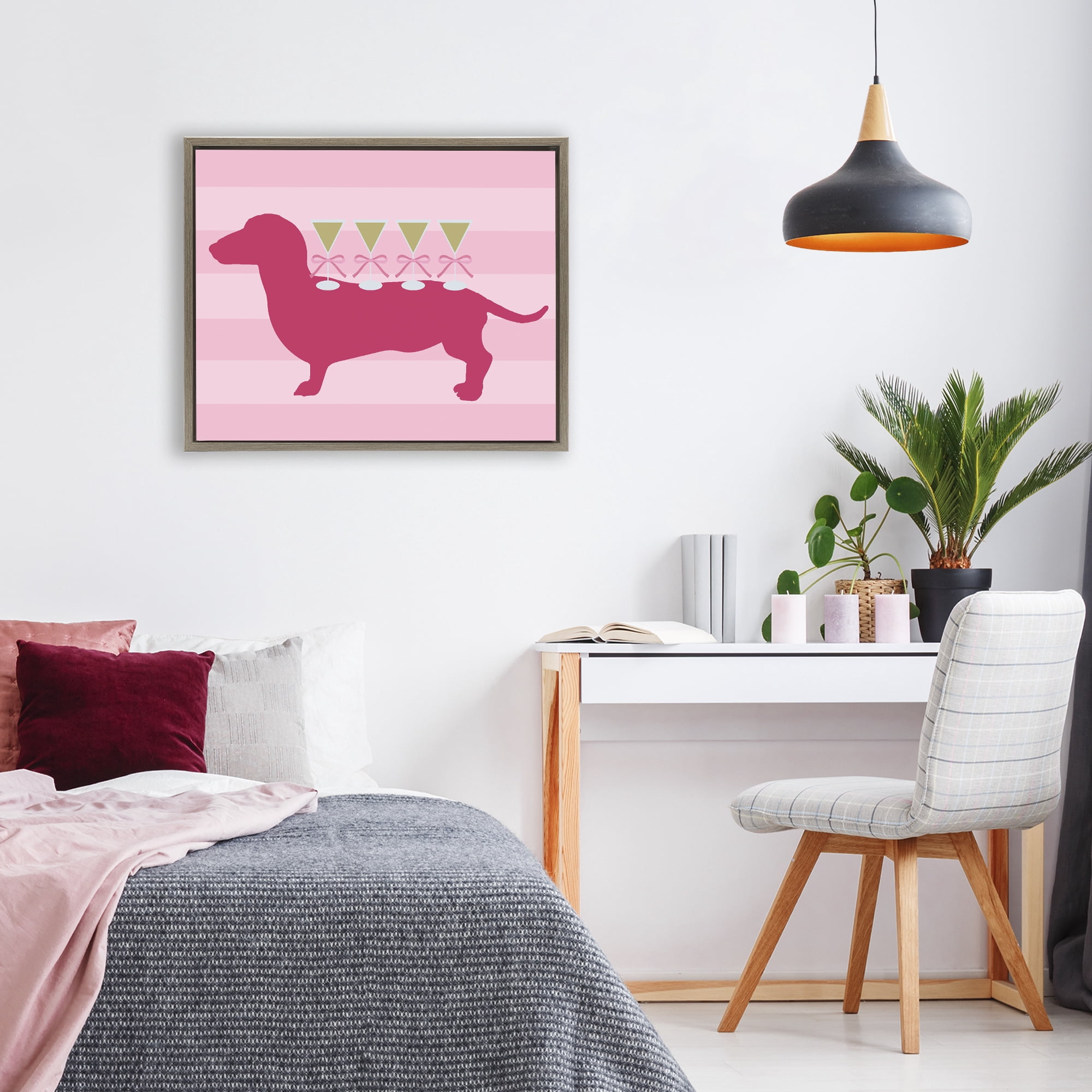 Stupell Industries Pink Dachshund With Martinis Brown Framed Floater Canvas Wall Art, design by Lil' Rue