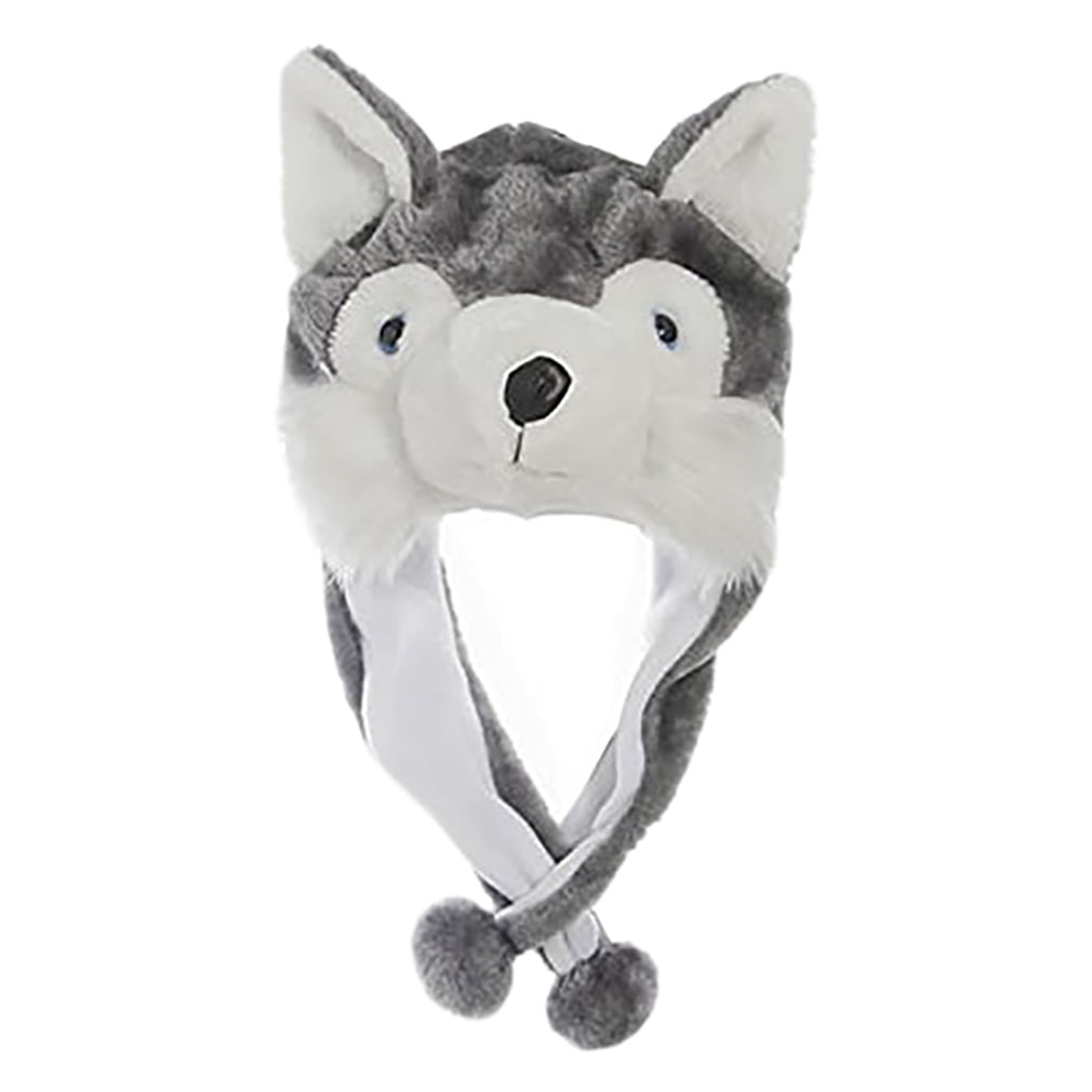 Animal Head Super Soft Plush Childrens Hat Grey Wolf