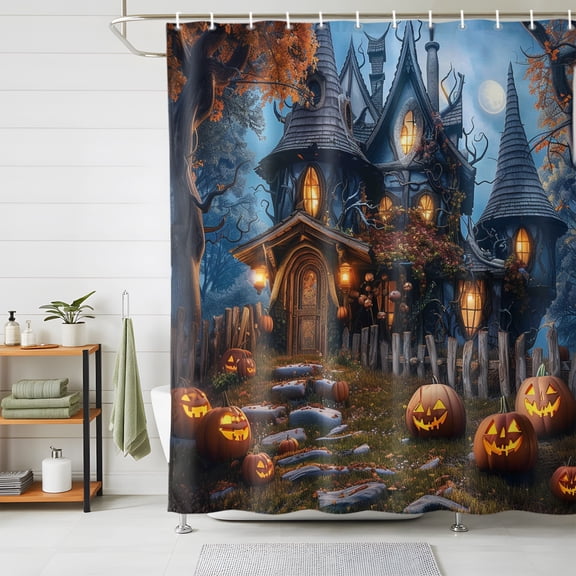 Shower Curtains for Bathroom, Halloween Waterproof Fabric Shower Curtain, Forest Ghost Pumpkin Castle Vintage Cottage Decorative Bathroom Curtain for Bathtub, 36"x72", No Hooks Included
