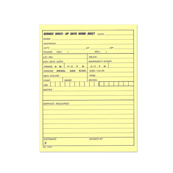 Auto Service Write-Up Data Sheet - 5 Pads of 100