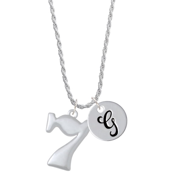 Delight Jewelry Silvertone Large Lucky 7 Silvertone Script Initial Disc - G - Charm Necklace, 20"+3"