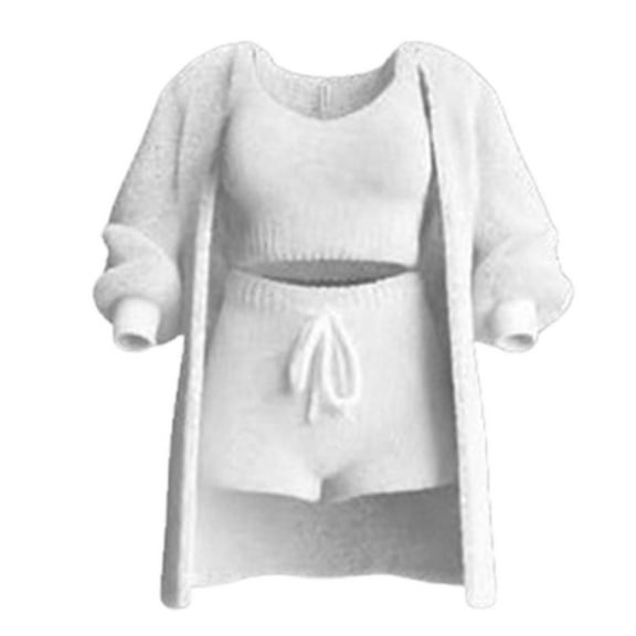 Winter Fleece Pajamas Set for Women Fuffy Cardigan Crop Tank Top Shorts Soft Sleepwear 3 Piece Pjs Lounge Sets