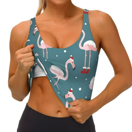 Qokaie Flamingo Pattern Womens Scoop Neck Sports Bra Breathable Workout Vest Padded U Back Medium Impact Fitness Gym Yoga Bra Workout Crop Top