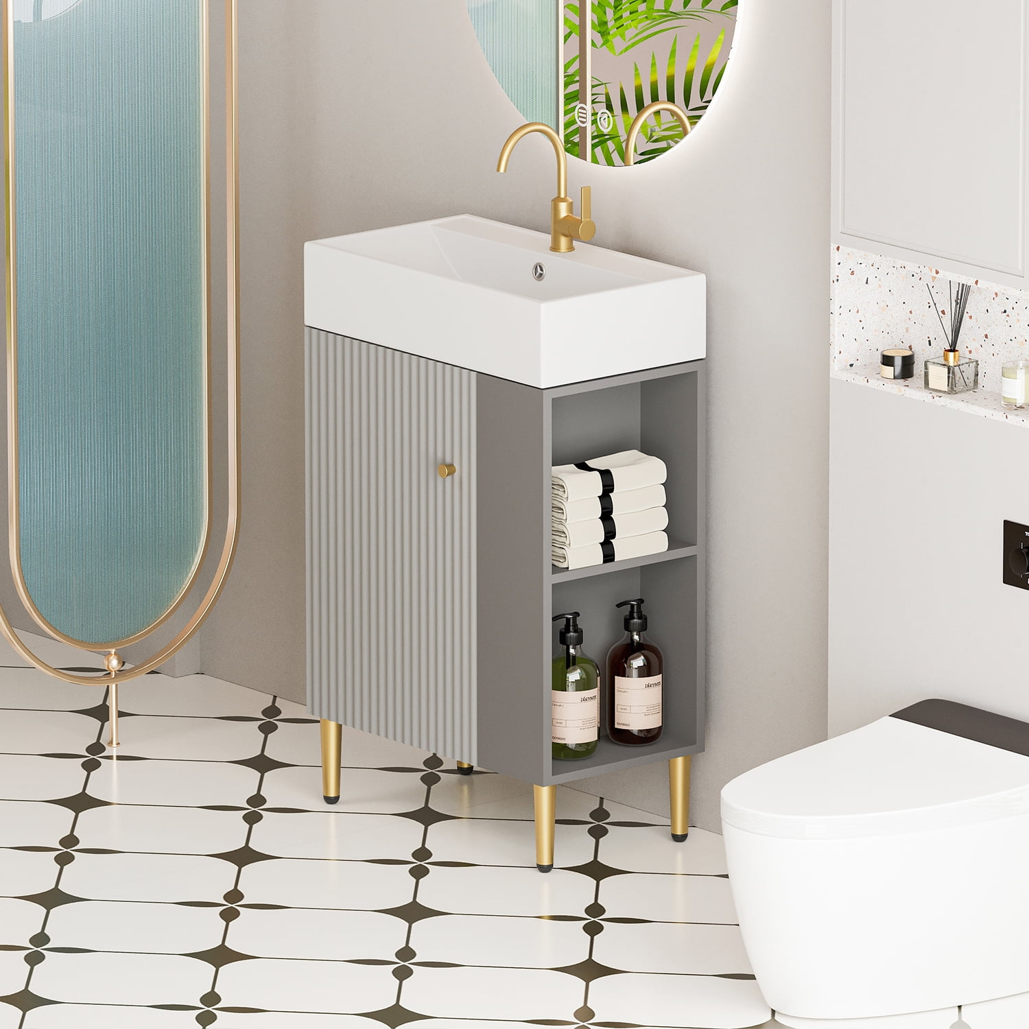 Demi Bonn 21" Bathroom Vanity with Ceramic Sink and Soft-Closing Door, Cloakroom Open Shelf Storage Cabinet on the Right Side, Faucets and Drains Not Included, Gray