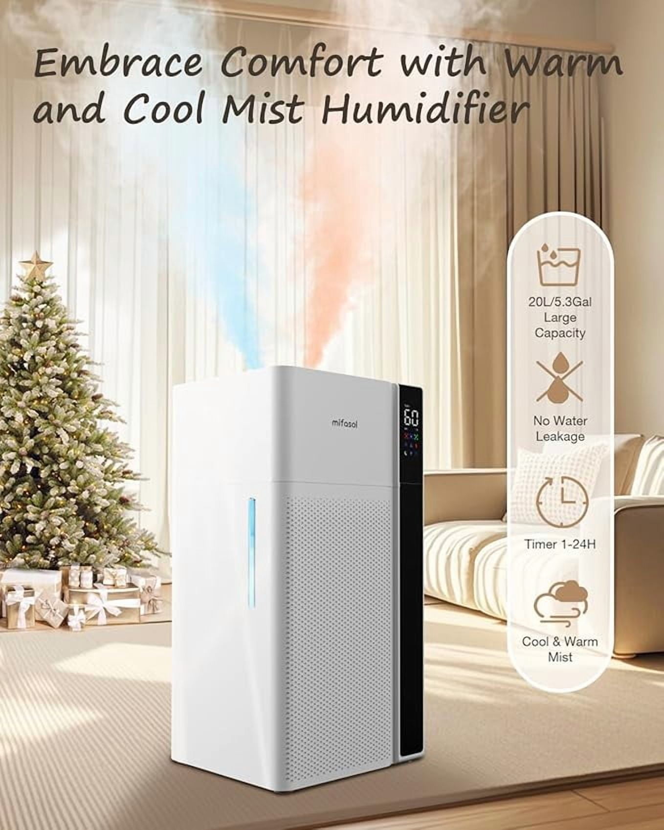 Warm and Cool Mist Humidifier Large Room, 5.3Gal/20L Whole House Humidifiers for Home, Quickly & Evenly Humidify Larger Areas, Top Fill, White