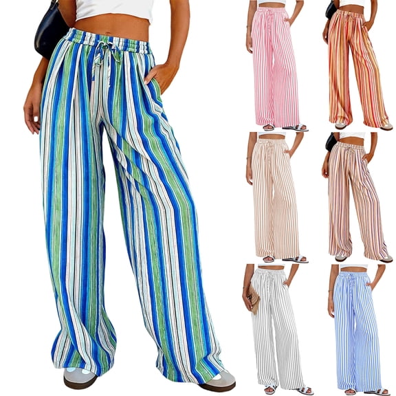 Palazzo Pants for Women Casual Summer High Waist Floral Wide Leg Striped Pant Flowy Boho Fashion Beach Outfits
