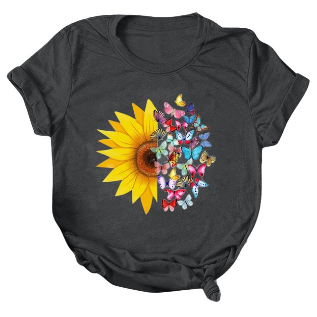 Gibobby Casual Playera de Manga Corta para Mujer Mujeres Casual Girasol Impresión Mangas Cuello Redondo Camiseta Suelta Blusa Tops(Gris oscuro,CH)