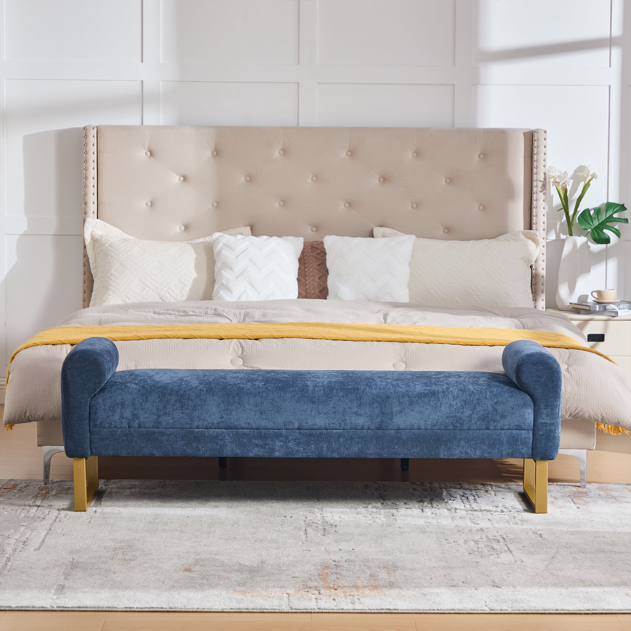 Ottoman Bench 65.4 Inch, Chenille Upholstered Bench with Gold Metal Legs, End of Bed Bench for Bedroom and Living Room, Blue
