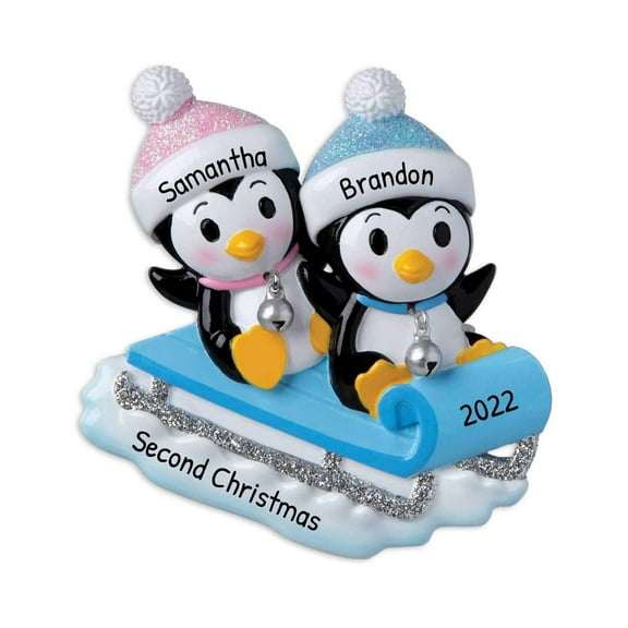 Personalized Babys First Christmas Ornament 2024 - My First Christmas Ornament 2024 - Babys First Christmas Stocking Penguin twins ornament Sledging 1st Christmas - Free Customization