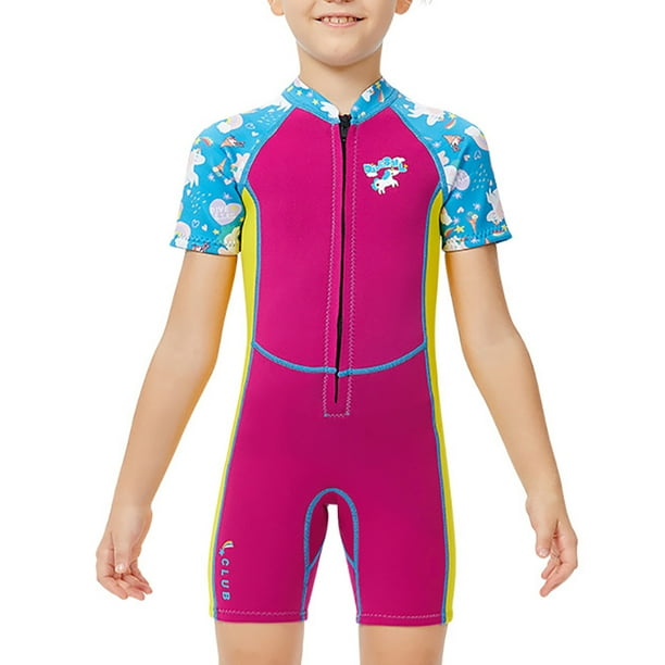 Soidarity Traje de neopreno para niños, traje de baño de una pieza de manga corta con cuello Multicolor para niñas, traje de baño para nadar y Deportes acuáticos Rojo púrpura L Soidarity OD003646-03