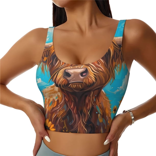 Fotbe Cute Cow Sunflowers Art Sujetador Deportivo Largo sin Aros para Mujer con Almohadillas y Soporte Medio, Transpirable y Absorbente, Camiseta Tipo Chaleco o Tank Top-X-Large