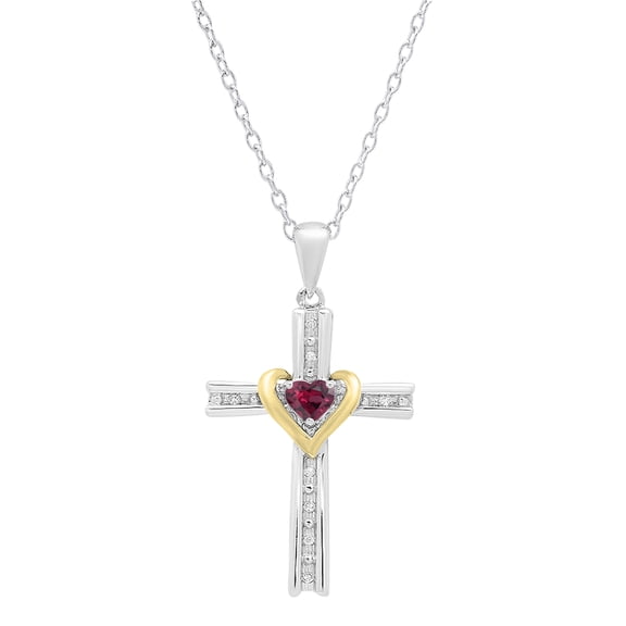 Dazzlingrock Collection 4mm Heart Garnet & Round White Diamond Heart Cross Pendant for Women with 18 Inch Silver Chain (0.05 ctw, Color I-J, Clarity I2-I3) in 10K White & Yellow Gold