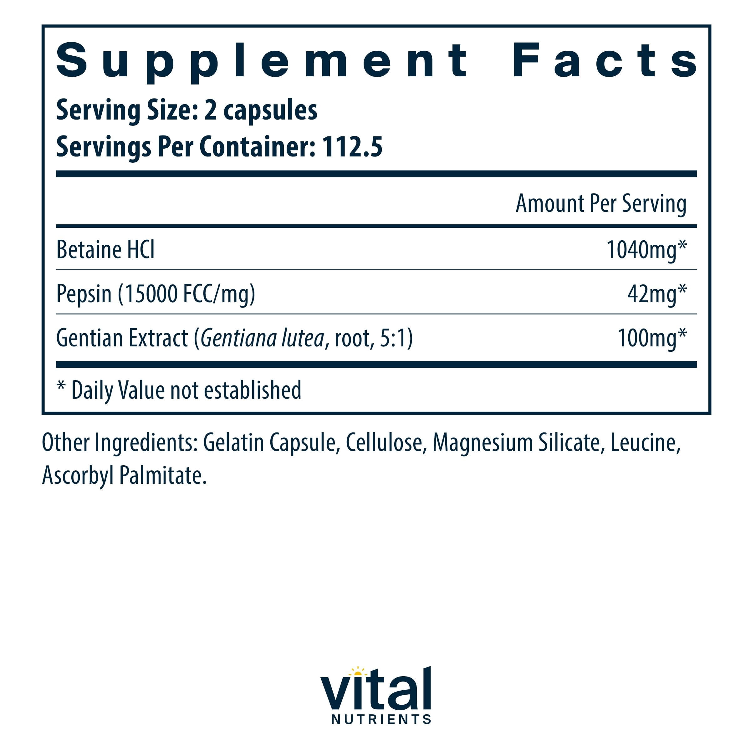 Vital Nutrients Betaine HCL Pepsin with Gentian Root Extract | Digestive Enzyme Formula to Support Protein Digestion and Nutrient Absorption | Gluten, Dairy, Soy Free | 225 Capsules
