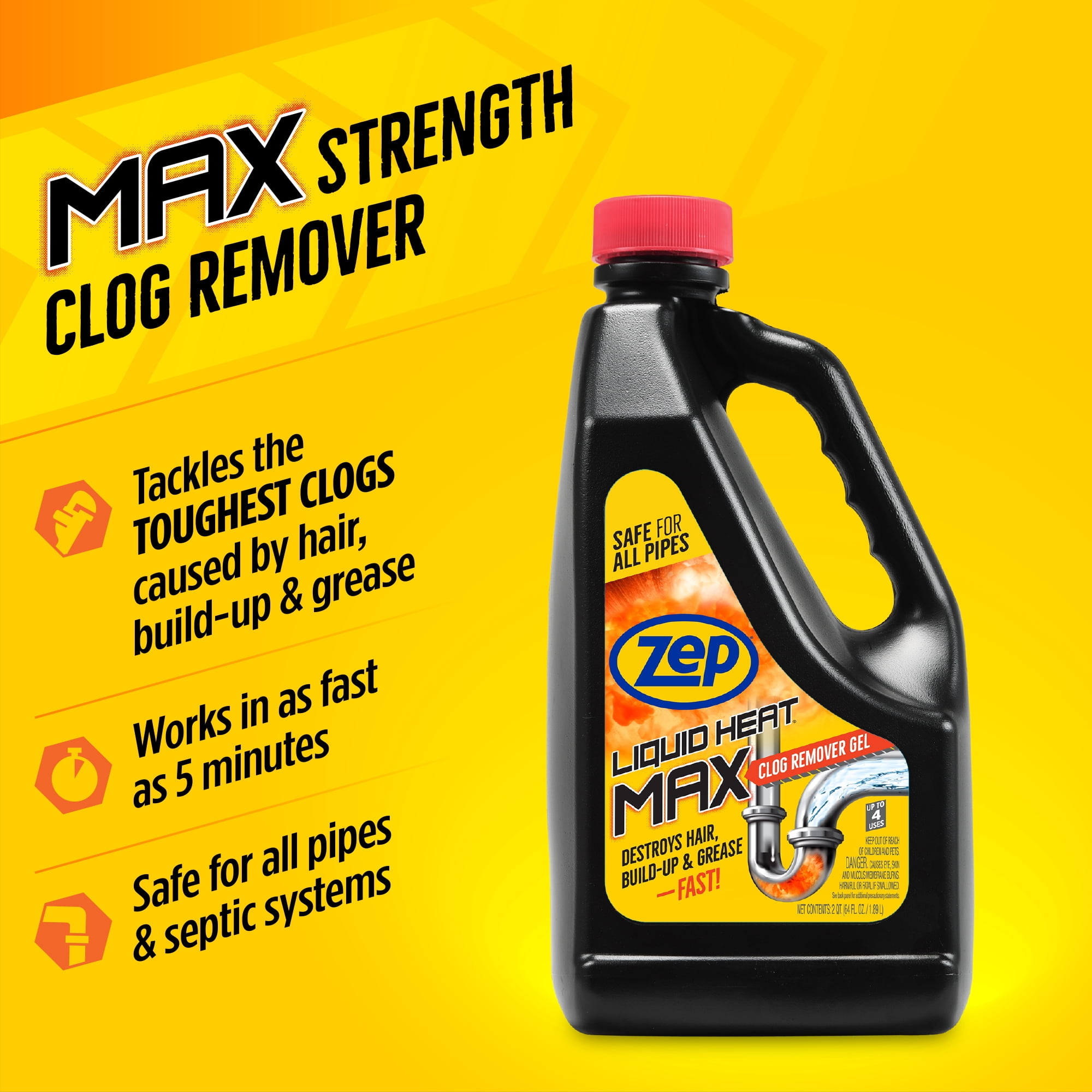 Zep Liquid Heat Max Gel Drain Opener, 64 FL OZ – Commercial-Strength Clog Remover for Sinks, Tubs & Showers