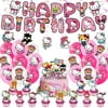 Kitty Birthday Decorations, Hello Kitty Birthday Party Supplies Include Banner, Ballons, Tablecloth, Backdrop, Cake Toppers, Cupcake Toppers, Hanging Swirls for Kitty Themed Party