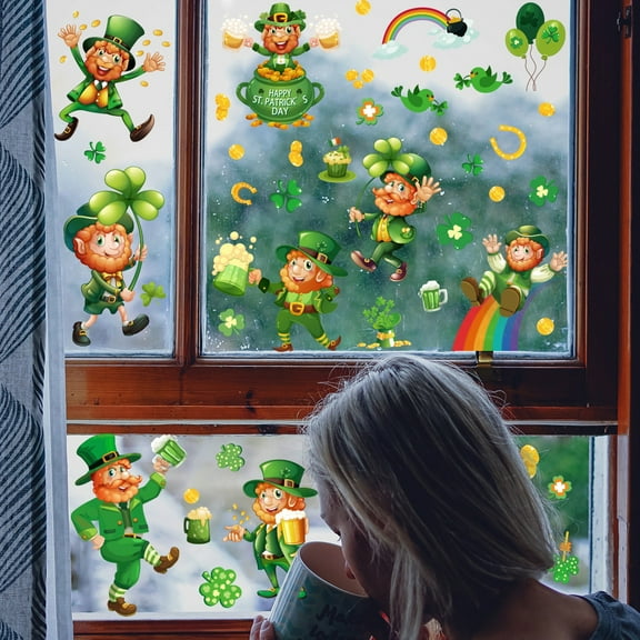 Saint Patrick'S Day Window Cling Decals Shamrock Gnome 8 Piece Set For Glass Mirror Decoration
