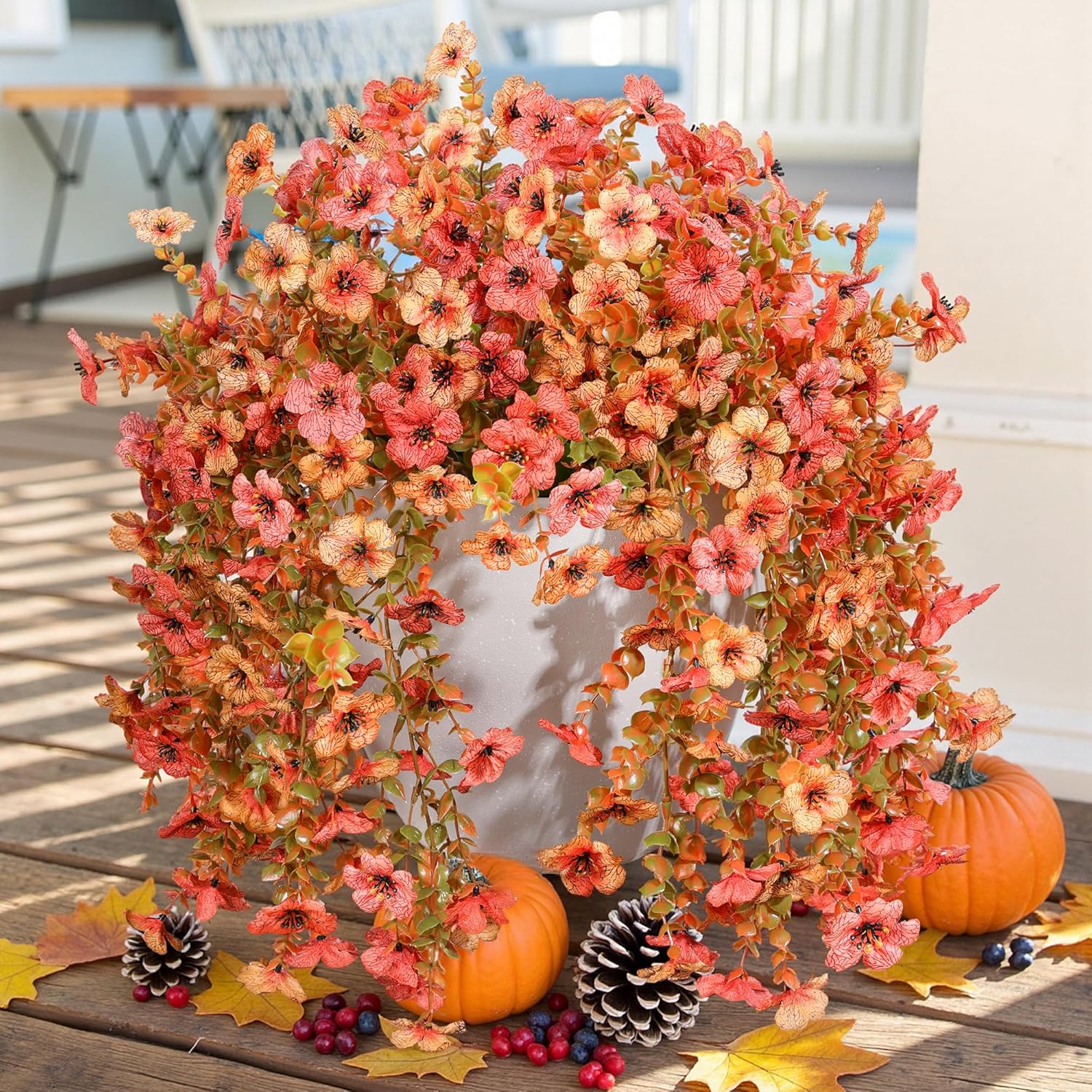 Fusion Artificial Mums for Outdoors Decoration Fall Fake Flowers for Outside Decor, 2Pcs Silk Daisy with Eucalyptus UV Resistant Realistic Vines for Front Door Yard Patio Porch Planter Home