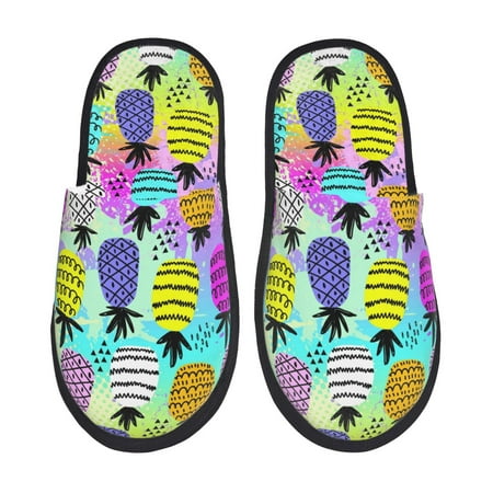 Balery Graffiti Pineapples Slient Indoor Furry Fleece Comfort House Shoes Soft Non-Slip Home Shoes Cotton slippers House Slippers-- Medium