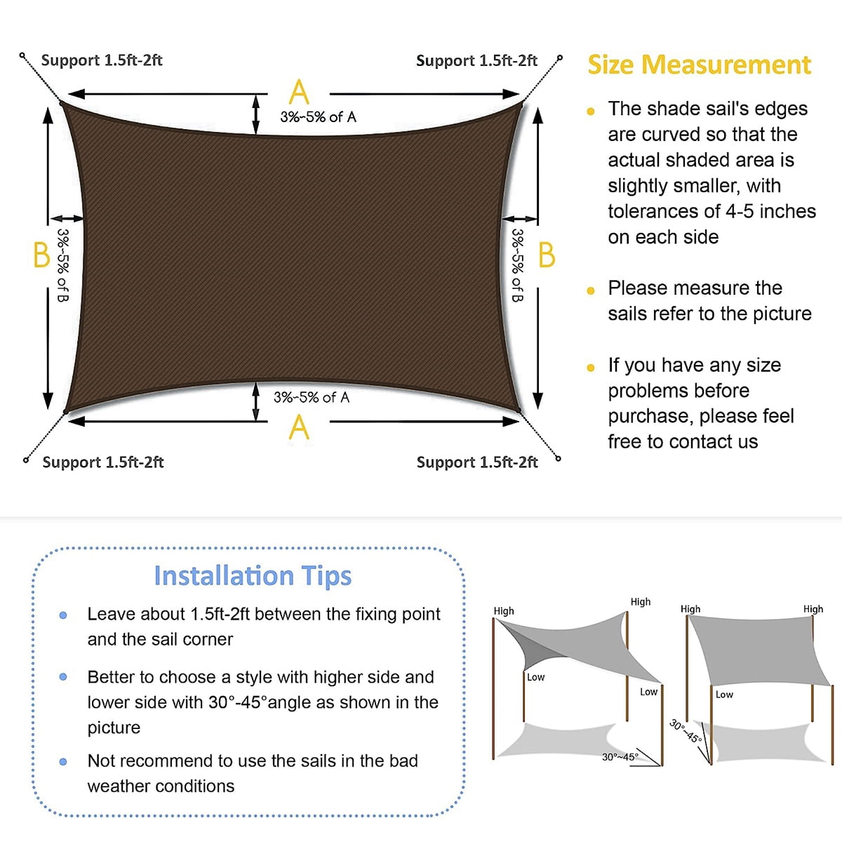 IC ICLOVER 12' x 16' Waterproof Sun Shade Sail Rectangle Canopy Awning Shelter Polyester Fabric Cloth for Patio Yard Deck Pergola Outdoor Sun Sail Shade 98% UV Block Sunshade - Brown