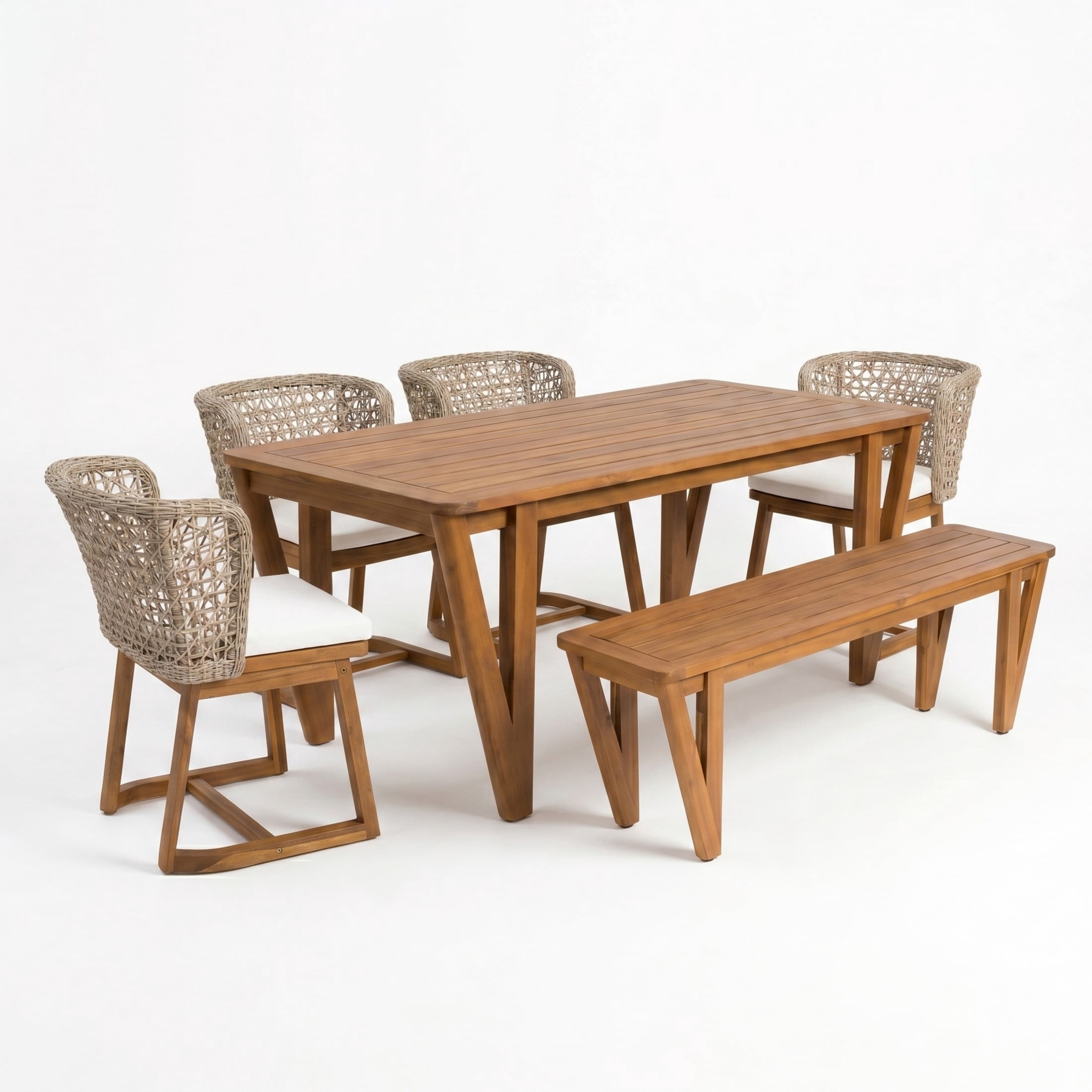 Christopher Knight Home 6-Piece Wood Patio Dining Table with Wicker Chairs and Bench Set, Teak+Beige
