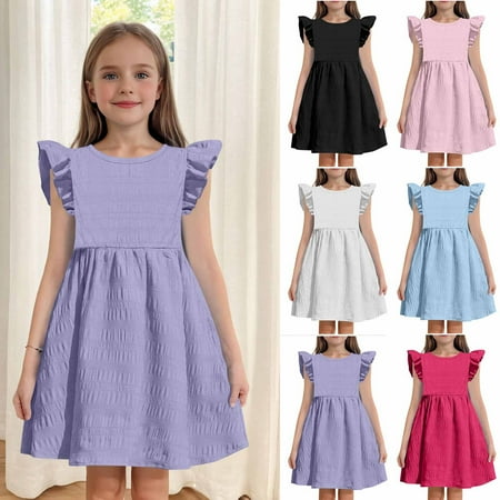 Jinhomg Girls Summer Dresses Cute Ruffle Sleeve Midi Dress Flowy A Line Sundress Toddler Kids Back To School Dresses Pink 140