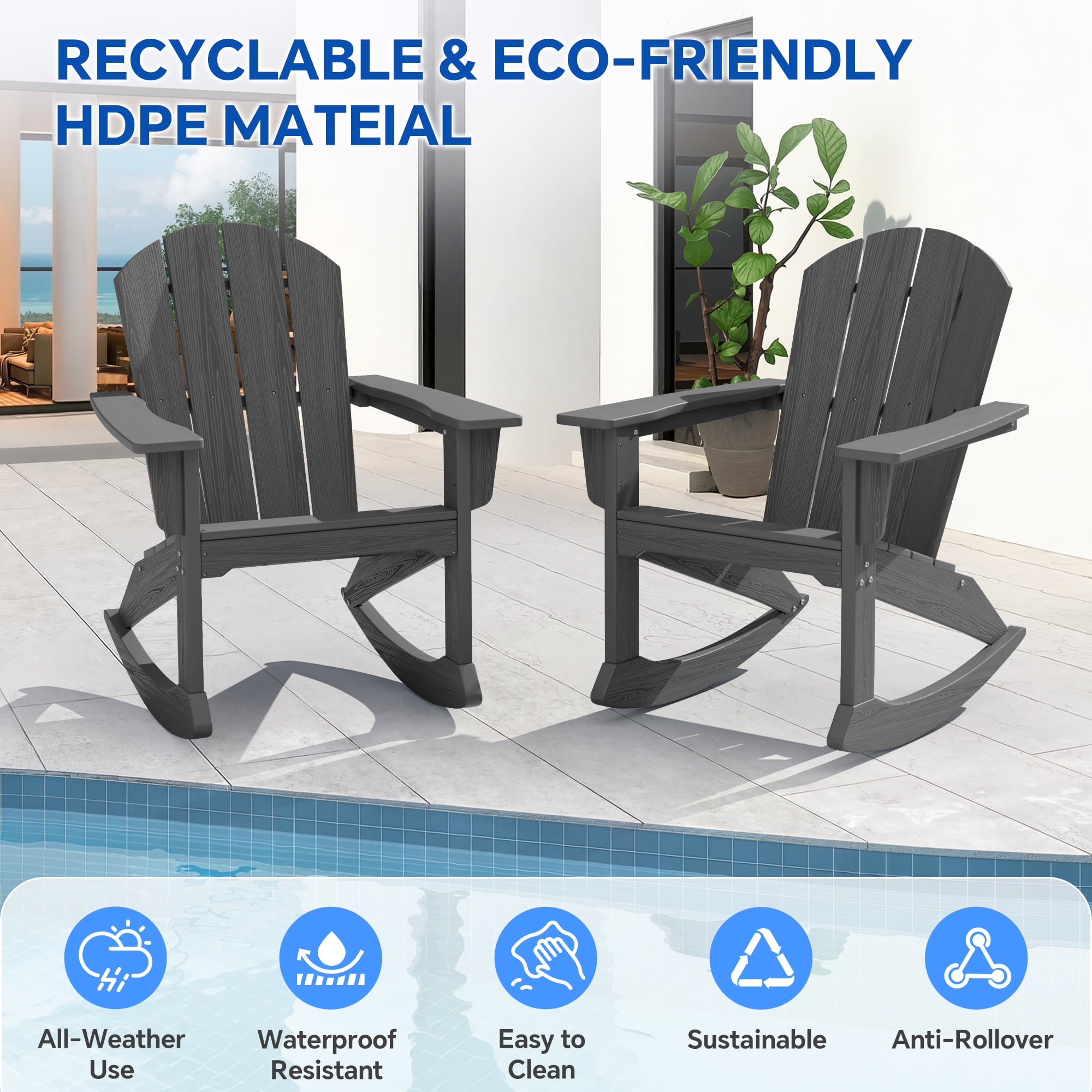SERWALL Rocking Adirondack Chair, HDPE Outdoor Rocking Chair, All Weather Porch Rocking Chair for Patio, Gray