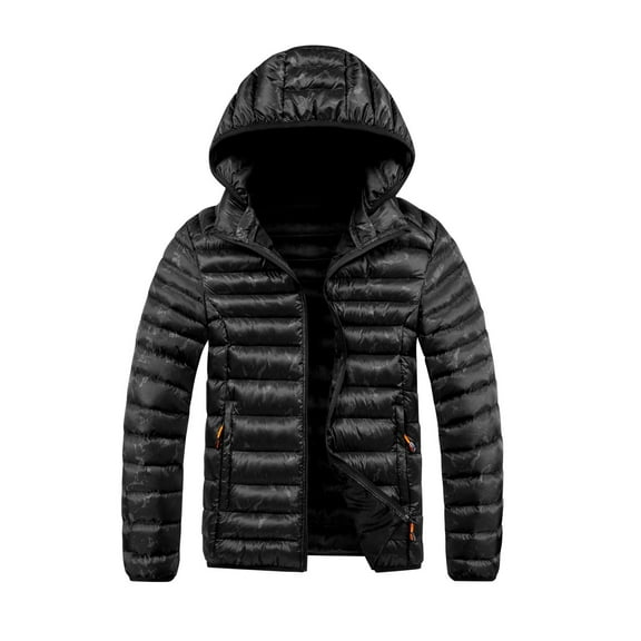 Mrmaere Men's Hooded Puffer Jacket Quilted Detail Full-Zip Lightweight Warm Outerwear for Daily & Cold-Weather Black L